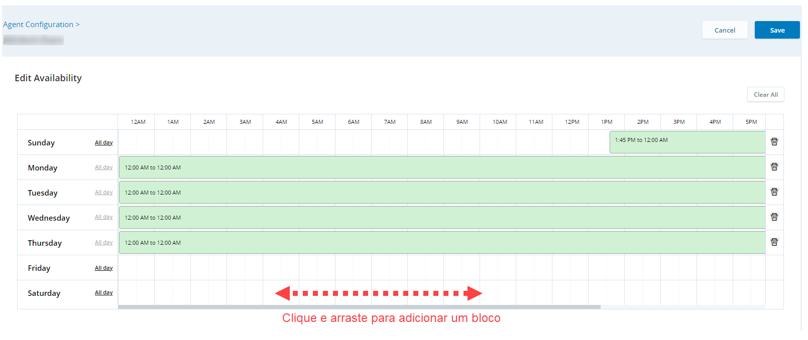 Imagem da adição de blocos de disponibilidade