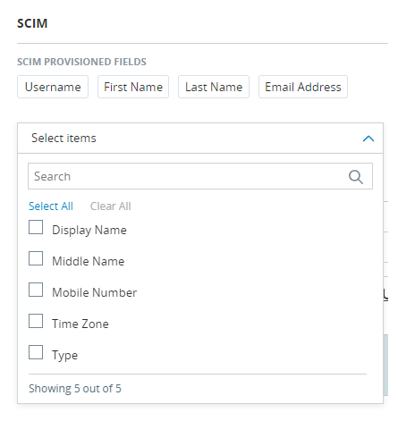 “管理帐户设置”页面上 SCIM 配置字段下拉列表的图像。