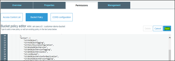 AWS 控制台中存储桶策略编辑器的屏幕截图。