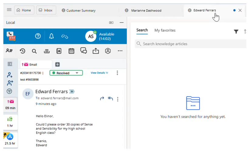 在Agent Embedded中，选择了 Edward 的电子邮件。 在Microsoft Dynamics中，爱德华的会话旁边会出现一个蓝点。