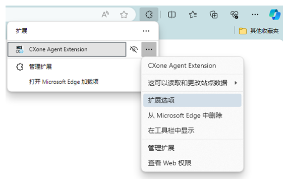 选项，单击 CXone Agent 浏览器扩展旁边的三点图标。另一个弹出窗口列出了“在工具栏中显示”选项。