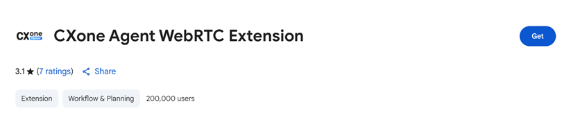 Chrome Web Store 中的 Agent WebRTC Extension。 光标悬停在“获取”上。