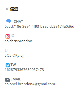 渠道部分已展开，显示 Facebook、电子邮件、Instagram、聊天和短信的联系人信息。