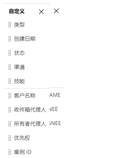 “自定义”弹出窗口，在该行上方列出以下列：“类型”、“创建日期”、“状态”、“渠道”和“技能”。