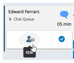 呼入聊天。光标悬停在“转移”图标上：一个带有加号的人。