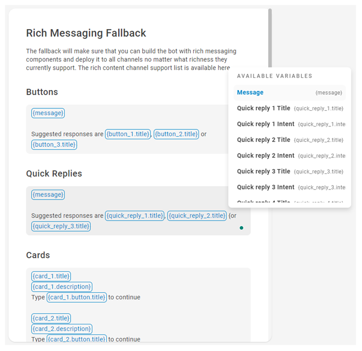Screenshot of the settings page for Rich Messaging Fallback, where you can configure alternate responses for rich messages.