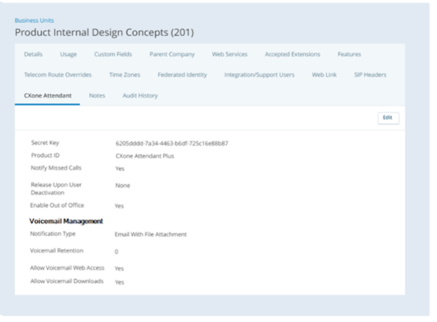 业务单位 CXone Attendant 选项卡的屏幕截图