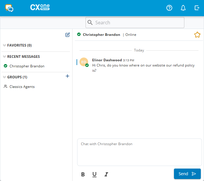 Conversations 在 CXone Mpower 中，显示代理之间的消息传递。
