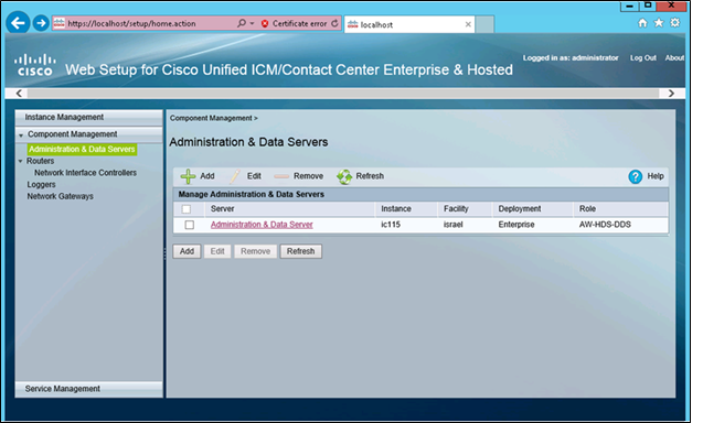 有关 Cisco Unified ICM/Contact Center Enterprise &Hosted 的 Web 设置中的“管理和数据服务器”页面的图像