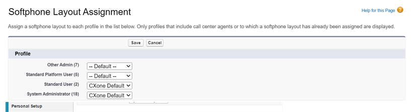 Salesforce 中的軟體電話版面配置設定檔指派。