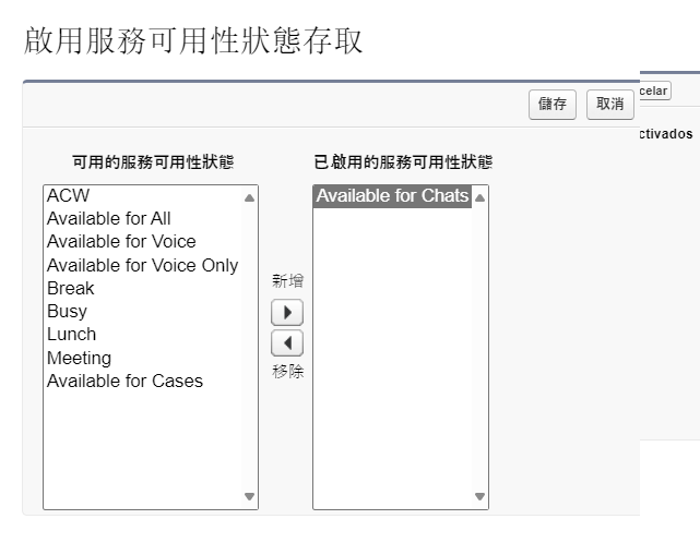 「啟用服務可用性狀態存取」表單。左側為可用狀態，右側為啟用狀態。中間為新增和刪除選項。