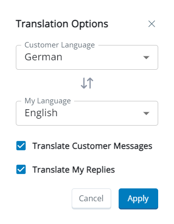 「翻譯選項」彈出視窗，其中包含「客戶語言」、「我的語言」、「翻譯客戶訊息」和「翻譯我的回應」欄位。