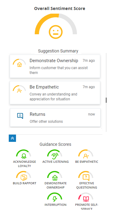 Real-Time Interaction Guidance 客服專員小工具，在頂部顯示整體情緒評分，在底部顯示一些行為量表。