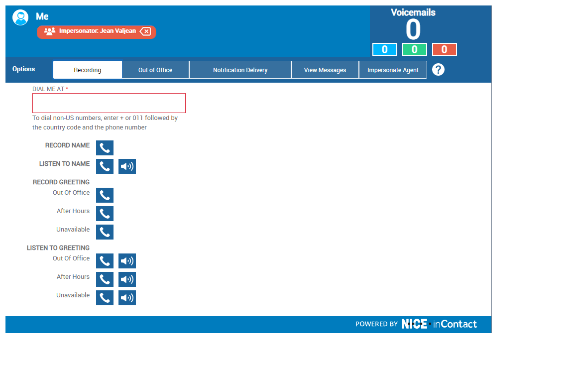 CXone Attendant 頁面在頂部顯示提示管理員正在模擬已登入使用者的訊息。