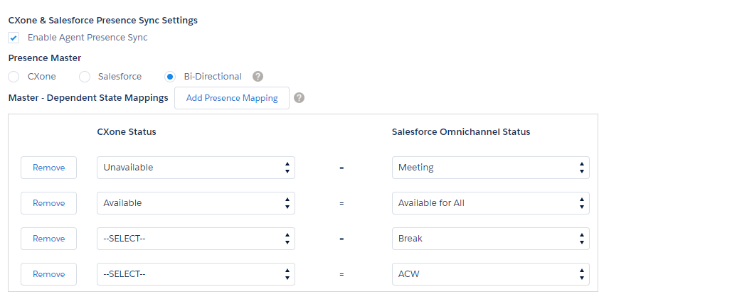 Salesforce 客服專員設定，包括這些部分：CXone Mpower 和 Salesforce Presence Sync 設定、Presence Master 和 Master - Dependent State Mappings。